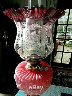 A Superb Quality Rose Pink/cranberry Victorian Twin Duplex Table Oil Lamp
