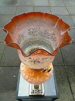 A Superb Victorian 28.3/4 Tall Burnt Orange Banquet Table Oil Lamp