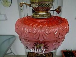 A Superb Victorian Burnt Orange Font Oil Lamp With A Clear Floral Etch Shade