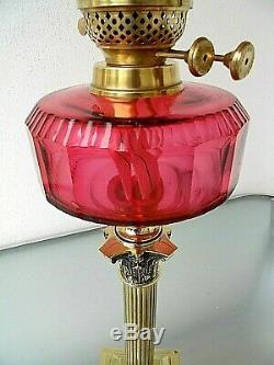 A Superb Victorian Cranberry Rare Cut Glass Parlour Table Oil Lamp