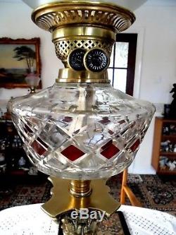A Superb Victorian Ruby Diamond Cut Glass Corinthian Column Oil Lamp