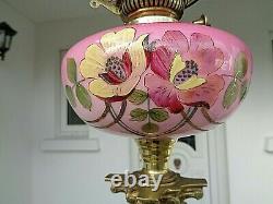 A Superior Quality 31.1/2 Tall Victorian Cranberry/rose Pink Glass Oil Lamp