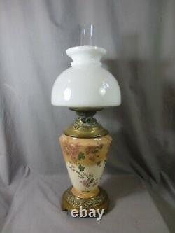 A Victorian Antique Pottery Young's Duplex Oil Lamp & Original Shade