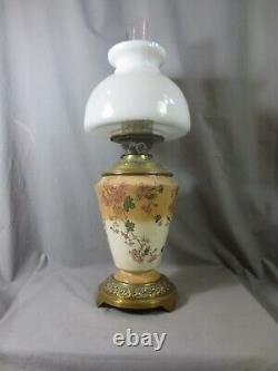 A Victorian Antique Pottery Young's Duplex Oil Lamp & Original Shade