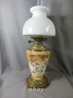 A Victorian Antique Pottery Young's Duplex Oil Lamp & Original Shade