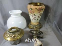 A Victorian Antique Pottery Young's Duplex Oil Lamp & Original Shade