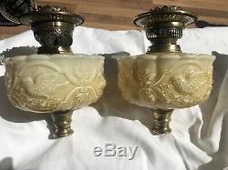 A Victorian Pair Of Oil Lamp Font With Birds