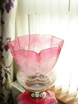 A lovely Pink Designed Font Victorian Oil Lamp & Matching Shade