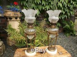 A pair of French, Victorian oil lamps. Napoleon 111. 16 tall