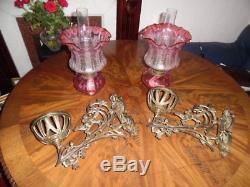 A pair of victorian wall hanging oil lamps -ruby -cranberry