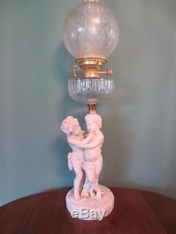 All Original Antique Victorian (c1860) Putti Figural Oil Lamp-etched Globe Shade