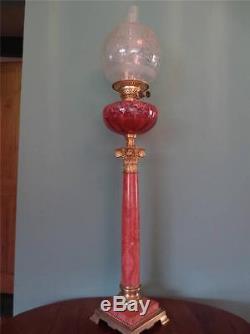 An Antique Victorian (c1870) Cranberry Marble Oil Lamp Glass Font & Globe Shade