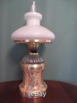 An Antique Victorian(c1870) Sculptured Brass Banquet Oil Lamp- Opal Vesta Shade