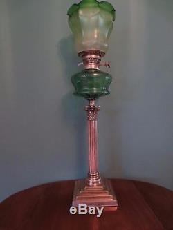 An Antique Victorian(c1880)silver Oil Lamp-green Glass Font-green Etched Shade