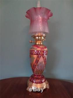 An Original Antique Victorian(c1880)cranberry & Gilt Oil Lamp-etched Tulip Shade