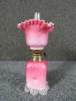 ANTIQUE 1800s VICTORIAN DIAMOND QUILTED SATIN GLASS MINIATURE OIL LAMP