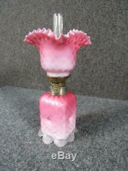 ANTIQUE 1800s VICTORIAN DIAMOND QUILTED SATIN GLASS MINIATURE OIL LAMP