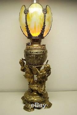 ANTIQUE 19c VICTORIAN ART NOUVEAU DECO FIGURAL BRONZE EROTIC KEROSENE OIL LAMP