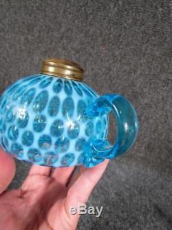 ANTIQUE AMERICAN 19c. VICTORIAN THOUSAND EYE BLUE OPALESCENT FINGER OIL LAMP