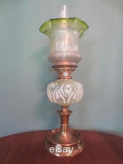 Antique Art Nouveau (c1900) Hinks Oil Lamp-vaseline Font & Etched Tulip Shade