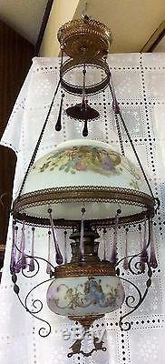 ANTIQUE B&H Victorian Hanging GWTW ORIGINAL Parlor Library Oil Lamp