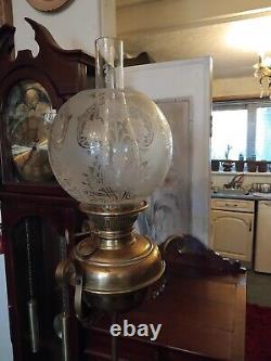 ANTIQUE BRASS TELESCOPIC Oil LAMP ETCHED Victorian SHADES PAW FEET