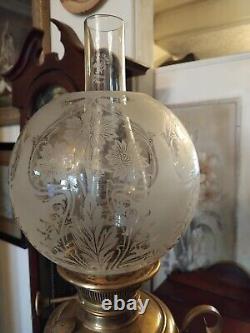 ANTIQUE BRASS TELESCOPIC Oil LAMP ETCHED Victorian SHADES PAW FEET