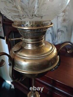 ANTIQUE BRASS TELESCOPIC Oil LAMP ETCHED Victorian SHADES PAW FEET