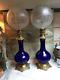 Antique Gorgeous Victorian Blue Sevres Pair Of Parlor Banquet Kerosene Oil Lamps