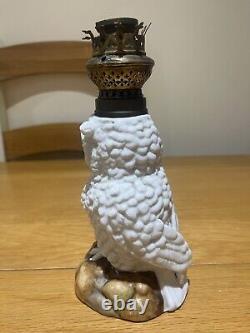 ANTIQUE German PORCELAIN NOVELTY OWL OIL LAMP pottery glass brass light kerosine