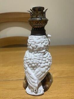 ANTIQUE German PORCELAIN NOVELTY OWL OIL LAMP pottery glass brass light kerosine