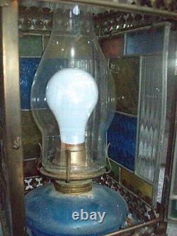 ANTIQUE HANGING OIL LAMP CONVERTED TO ELECTRIC with 4 STAINED GLASS PANELS