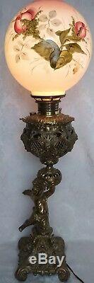 ANTIQUE MERIDEN VICTORIAN GWTW Bronze CHERUB Oil Lamp Hand Painted Converted