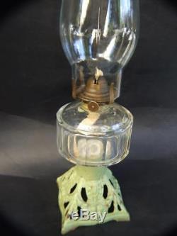 ANTIQUE OIL / KEROSINE LAMP CAST IRON BASE CRYSTAL BOWL W GLASS CHIMNEY1900's