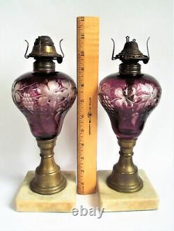 ANTIQUE Pair AMETHYST 11 PURPLE CUT Clear OIL KEROSENE Art Glass Victorian LAMP