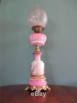 Antique Victorian (1870) Falks Cranberry/pink Oil Lamp With Etched Globe Shade