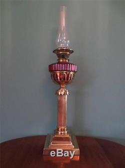 Antique Victorian (c1860) Palmer & Co Column Oil Lamp With Cranberry Glass Font