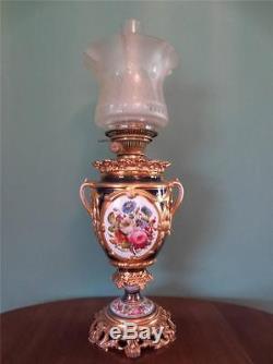 Antique Victorian (c1870) Enamel Painted Porcelain Oil Lamp-etched Glass Shade