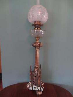 Antique Victorian (c1870) Hinks Oil Lamp-cut Glass Font- Fine Etched Globe Shade