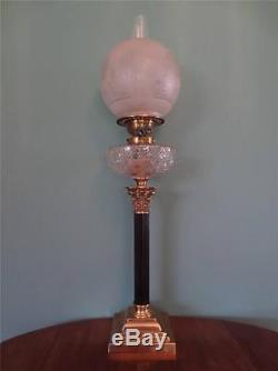 Antique Victorian (c1880) Ebony Column Oil Lamp-cut Glass Font-fine Etched Shade