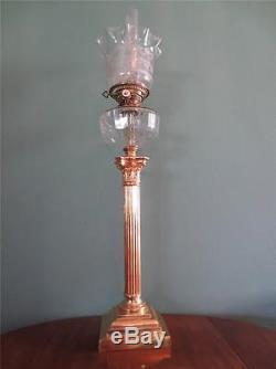 Antique Victorian (c1880) Hinks Gold Plated Column Oil Lamp- Etched Globe Shade