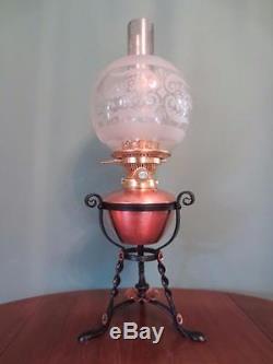 ANTIQUE VICTORIAN(C1880)MAPLE &Co OIL LAMP-DROP IN COPPER FONT-FINE ETCHED SHADE