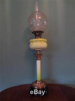 Antique Victorian(c1880)oil Lamp Lime Column & Font With Fine Etched Glass Shade