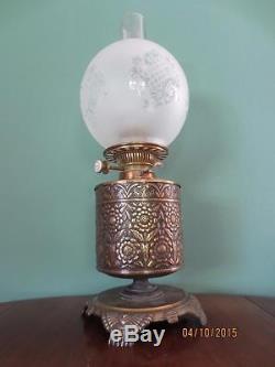 Antique Victorian (c1880) Ornate Pressed Brass Oil Lamp-etched Glass Globe Shade
