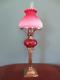 Antique Victorian(c1880)peg Oil Lamp Cranberry Glass Font- Original Vesta Shade