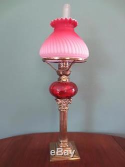 Antique Victorian(c1880)peg Oil Lamp Cranberry Glass Font- Original Vesta Shade