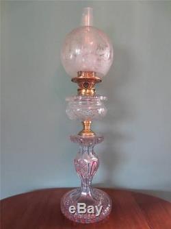 Antique Victorian(c1880)red/blue Overlay Cut Glass Oil Lamp & Etched Globe Shade