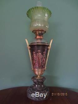 Antique Victorian(c1890)bronze Trophy Oil Lamp-emerald Etched Glass Tulip Shade
