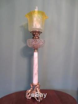 Antique Victorian (c1890) Cherub & Marble Oil Lamp- Sapphire Etched Tulip Shade