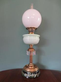 Antique Victorian(c1890)column Oil Lamp-pastel Green Font- Brass Rim Globe Shade